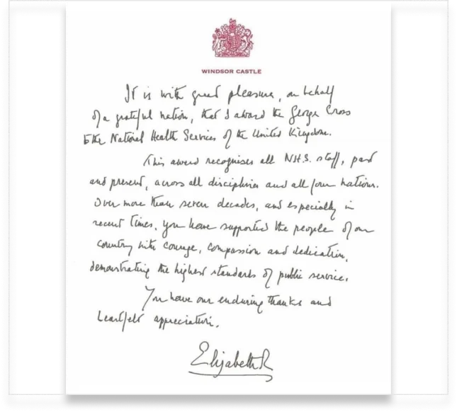 Appreciation Letter from Late Queen Elizabeth II, Nov 2020, London
