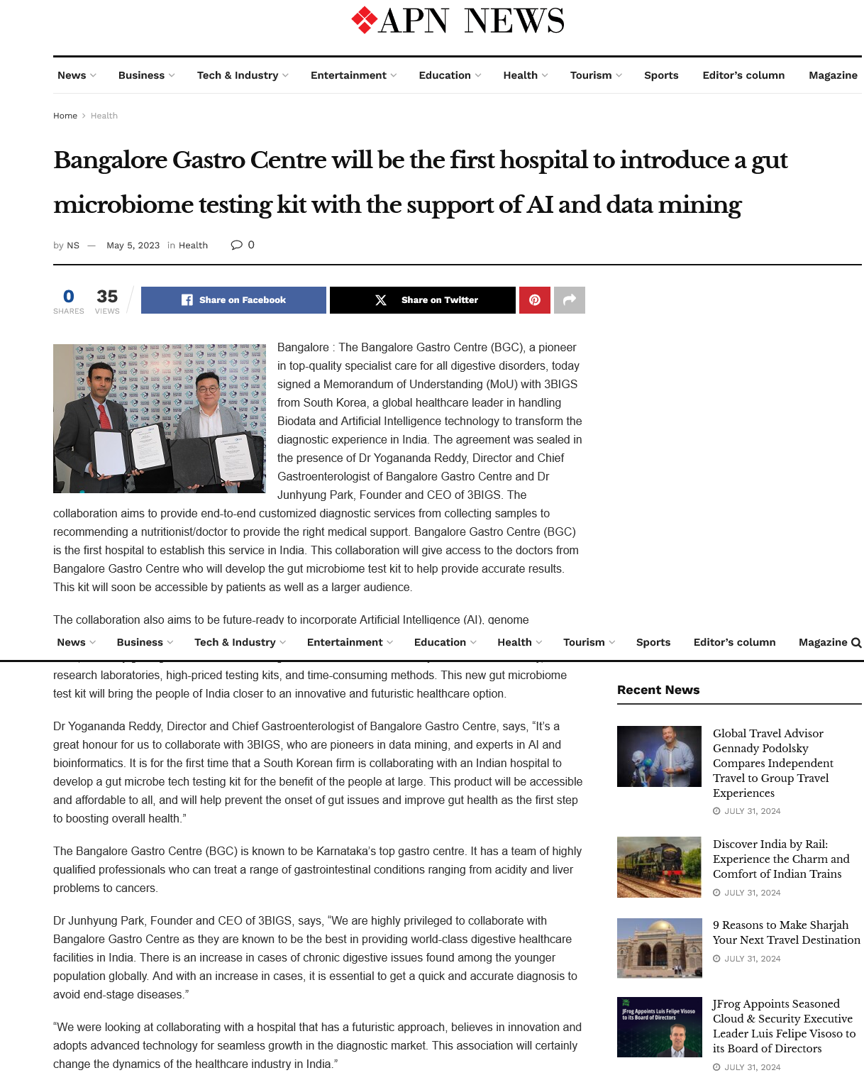 Bangalore Gastro Centre will be the first hospital to introduce a gut microbiome testing kit with the support of AI and data mining – APN News