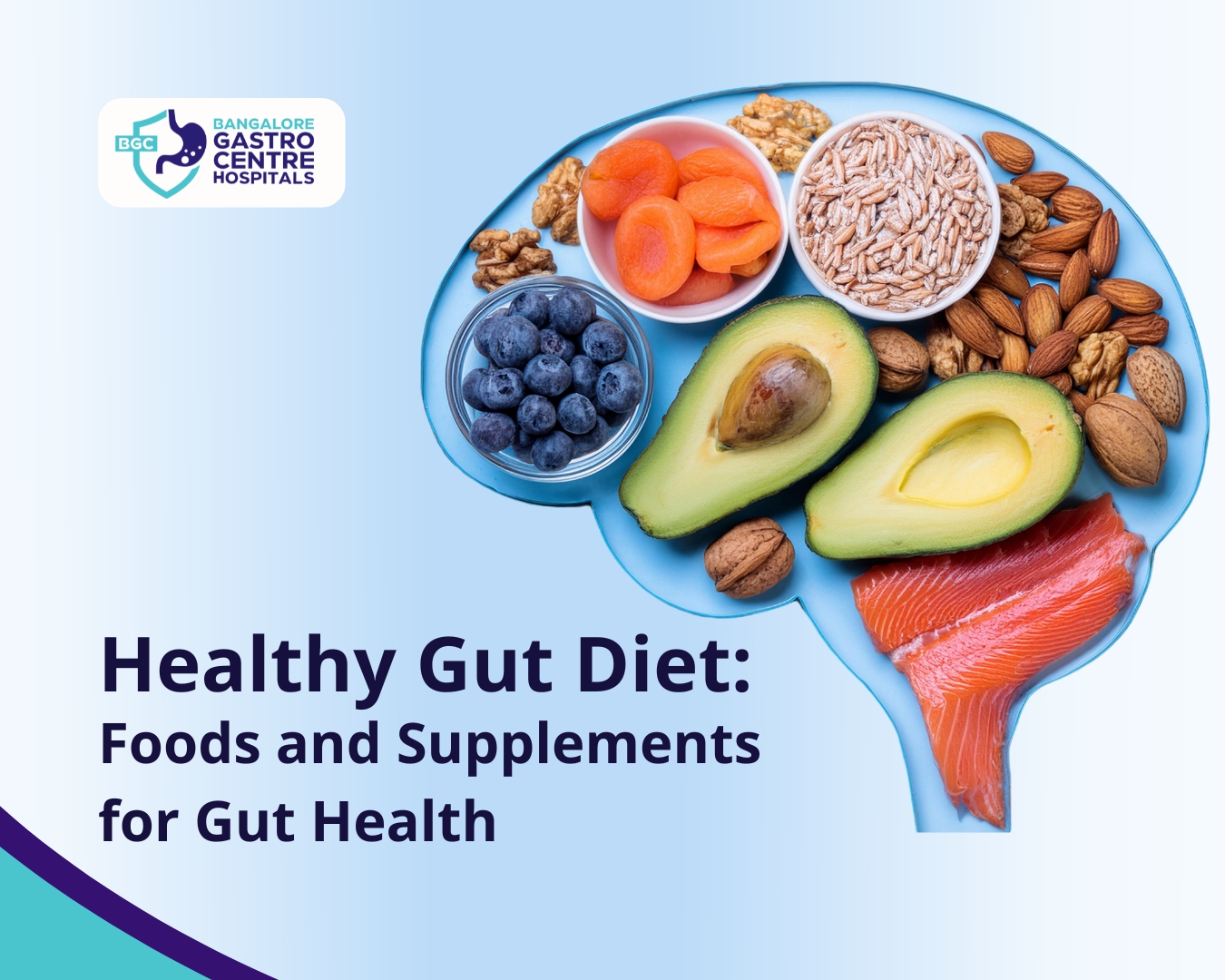 Healthy gut diet foods including avocado, salmon, nuts, grains, and berries arranged in brain shape – promoting gut health and digestion tips by Bangalore Gastro Centre