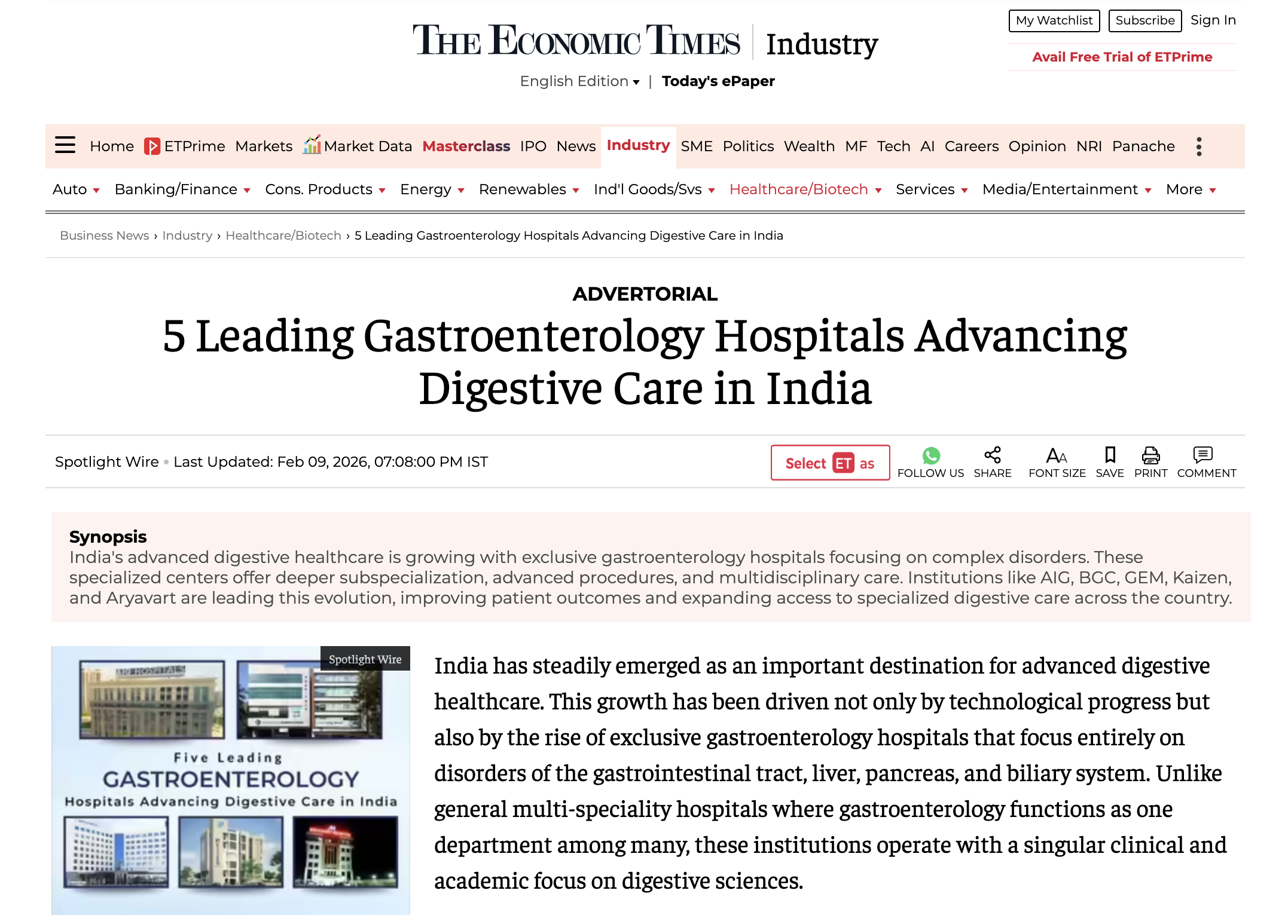 Bangalore Gastro Centre Hospital Featured Among Leading Gastroenterology Hospitals in The Economic Times